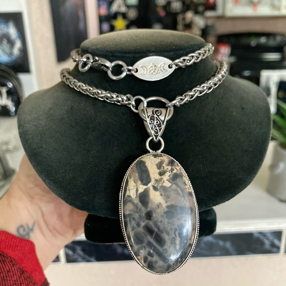 925 Sterling silver overlay marble jasper charm gemstone boho necklace - Picture 8 of 11